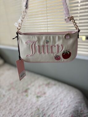 Juicy Couture Cream Straw Shoulder Bag with Pink Trim & Strawberry Patches
